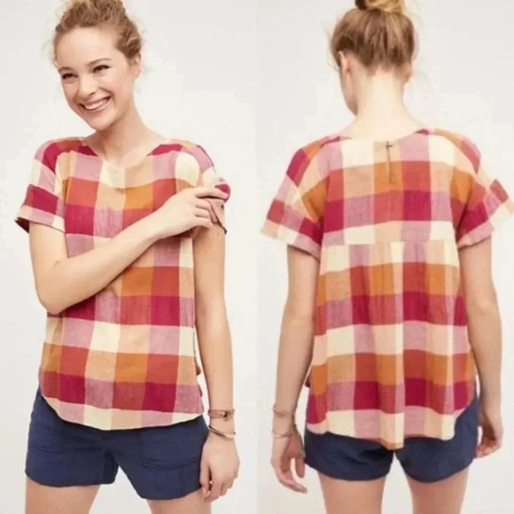ANTHROPOLOGIE Posy Plaid Top Swing Pink Cream XS - Picture 1 of 10